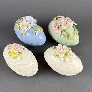 Ceramic Floral Easter Egg Trinket Boxes Set of 4 Pastel Easter Decor Small